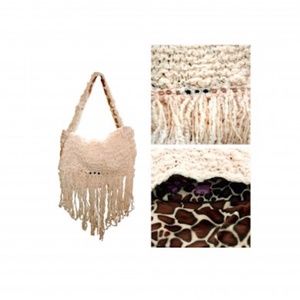 HoBo Hippie Cream Yarn Knit Beads Animal  Print Handbag Purse Bag New